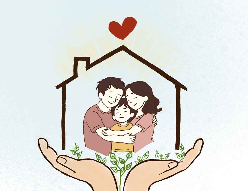 Illustration of a happy family mother, father and the child hugging inside the outline of a house. A heart above the roof, and two hands gently support the family from below with the green leaves. The image shows that Rhode Island’s child welfare system is improving, but families still need support to help children stay at home and keep families strong.<br />
