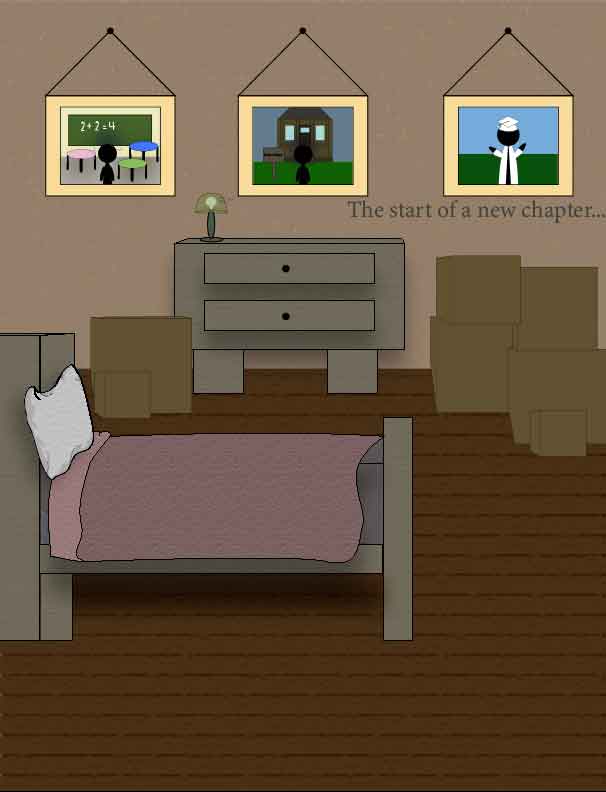 Illustration of a bedroom with moving boxes, a slightly messy bed, and a desk with a flickering lamp. Three picture frames hang on the wall showing the same person at three stages of life: elementary school, living in a foster home, and graduation. A dark cloud appears behind the figure in the first frame, a lighter cloud in the second, and a faint cloud in the third. 