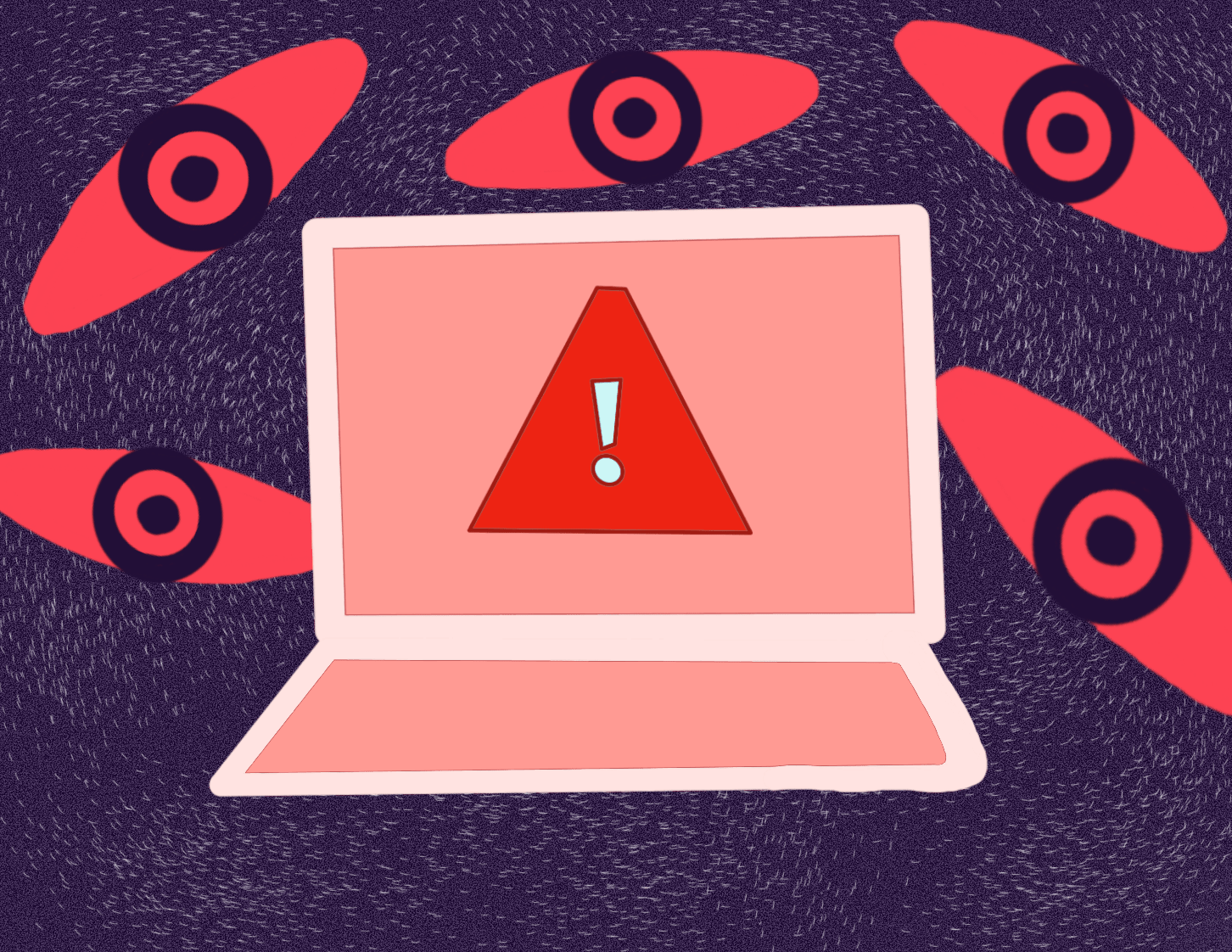 An illustration of a computer system with a cyber attack warning on the screen, with illustrated eyes around it, representing security threats and the risks of cyber attacks in schools.<br />
