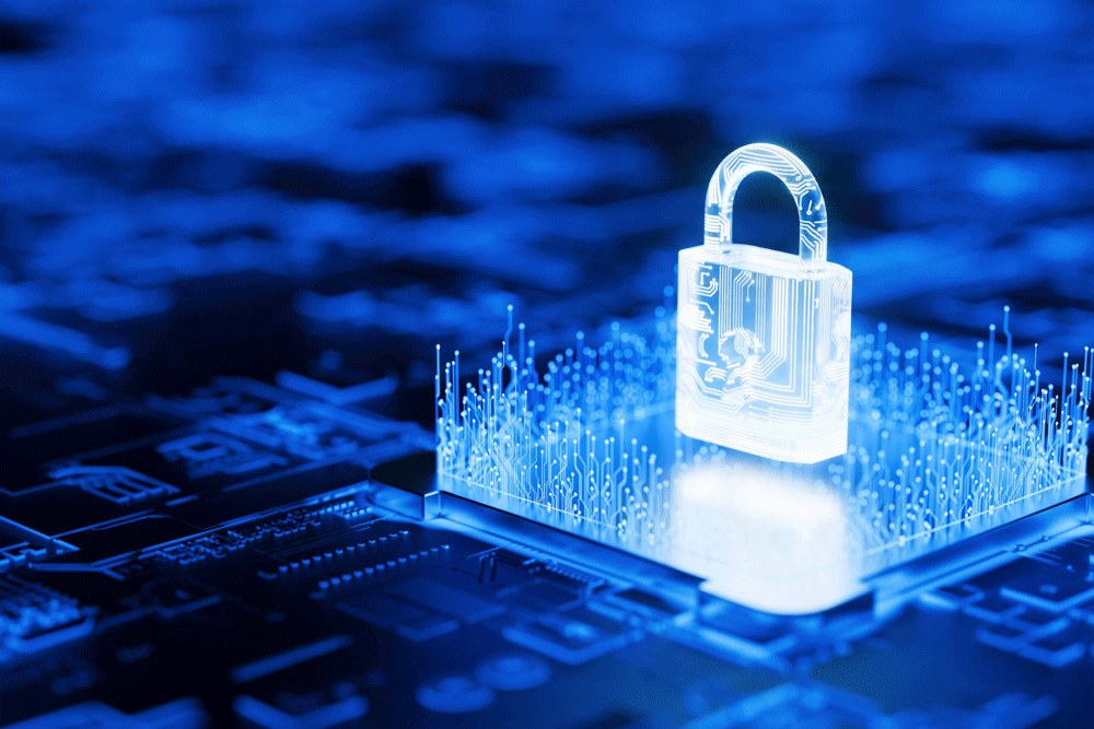 An illustration of a computer system with a cyber attack warning on the screen, with illustrated eyes around it, representing security threats and the risks of cyber attacks in schools.