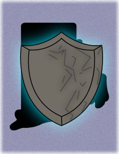 An outline of Rhode Island, with a gray shield glowing blue with cracks on the shield representing breach security. 