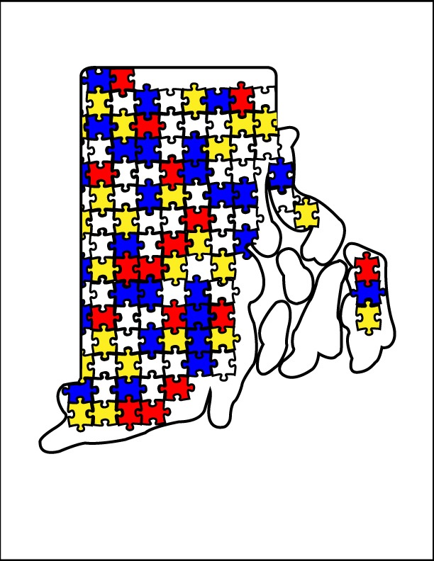 An outline of rhode island with puzzle pieces colored: white, blue, yellow, and red. Representing<br />
mental health, laws, community action, and emergency response.