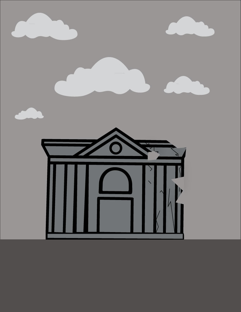 Dark scene with a courthouse in the center under a cloudy night sky. The ground and sky are<br />
both very dark, and the right side of the courthouse is cracking and breaking apart.