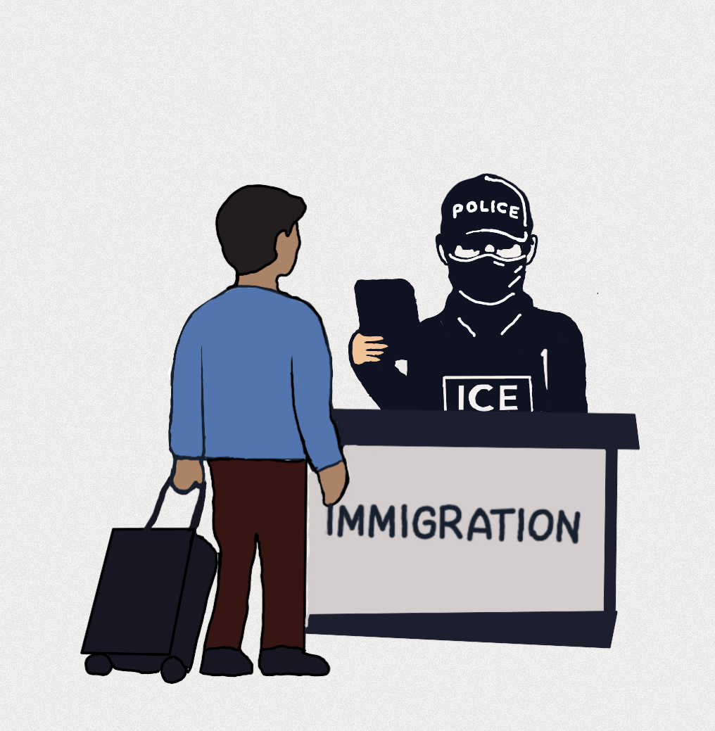 An illustration of an ICE agent dressed in black at an airport approaching immigrants, attempting to detain immigrants, highlighting issues around immigration enforcement.<br />
