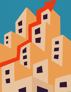 An illustration of a residential building with a red upward arrow, representing the rising number of youth being placed in out-of-state residential facilities.<br />
