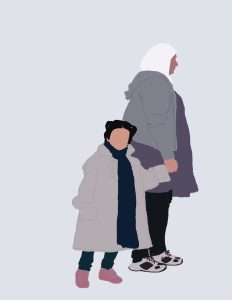 An illustration of an immigrant family being forced to leave the country, representing the fear, detention, and deportation experiences.<br />
